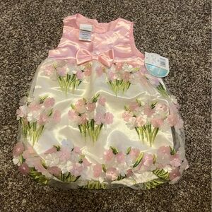 NEW Nannette Baby One Piece Dress Pink Satin Embroidered Flowers Netted 18 Month
